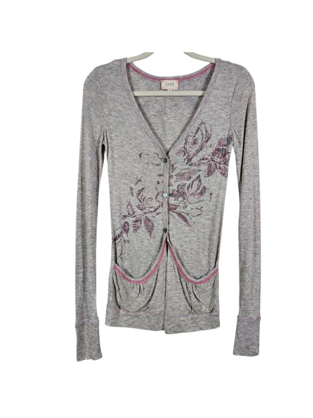 Y2K Sweet by Miss Me Womens Gray Pink Rhinestone Bling 3 Button Long Sleeve XS